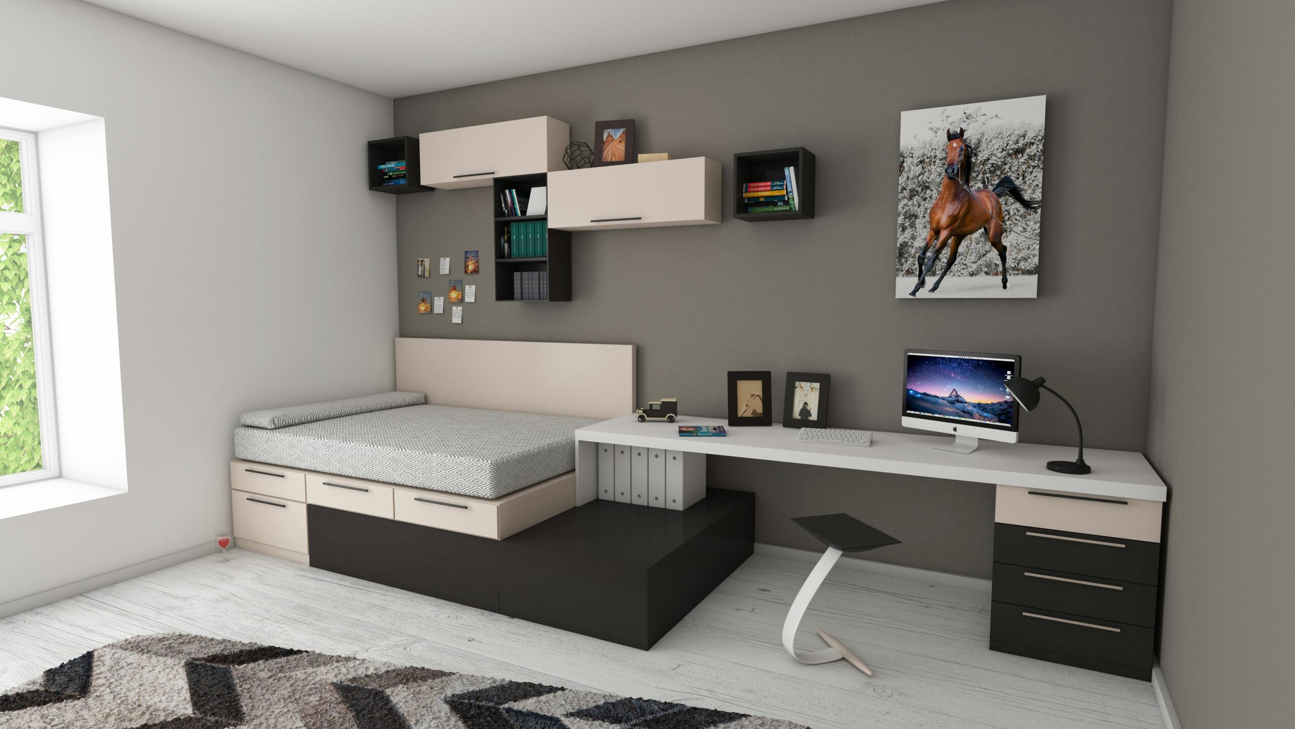 Stylish minimalist bedroom with modern furnishings and workspace area, perfect for home offices.